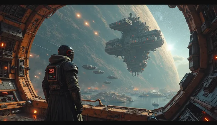 “A lone starship hurtles through space, framed by the glowing wreckage of a massive orbital station. The ship's hull bears burn ...