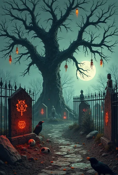 cursed halloween graveyard ticket art, ancient crumbling tombstones with red glowing symbols, twisted wrought iron fences, massi...
