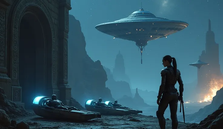 "An epic, hyper-realistic sci-fi scene set on a dark, ancient alien planet. A lone alien soldier in high-tech, worn-out armor st...