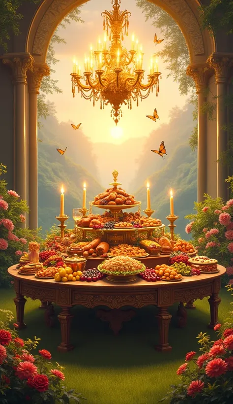 I want a picture of a large table with a golden chandelier decorated with all kinds of food and fruits on it, on the grass, beau...