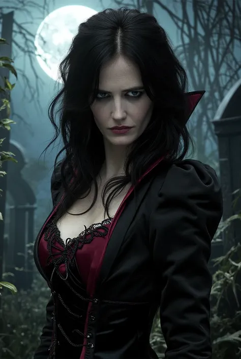 Eva Green dressed as Comics Book character Vampirella, photorealistic art, a woman with black hair, vannessa ives, eva_green, fa...