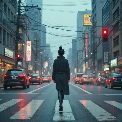 Korean, Back view of a woman crossing a traffic light