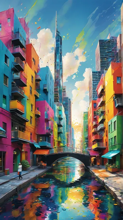 A masterpeace of a cityscape where the buildings gradually melt into a stream of vibrant colors, creating an abstract exploratio...
