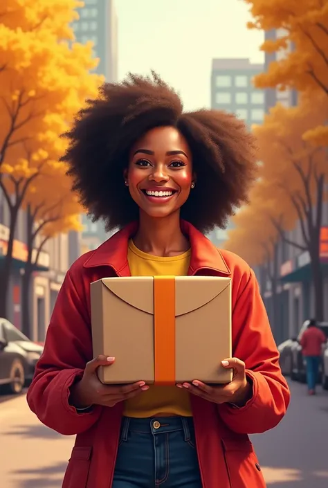 Smiling Africa american lady wearing red receiving a delivery package. With yellow, orange and red background as city 