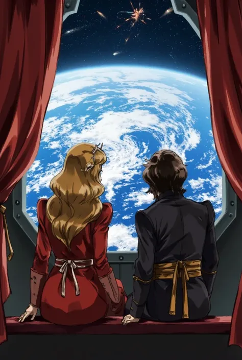 anime style、An aristocrat couple on a spaceship、escaping from Earth on a spaceship、A couple dressed in medieval European aristoc...