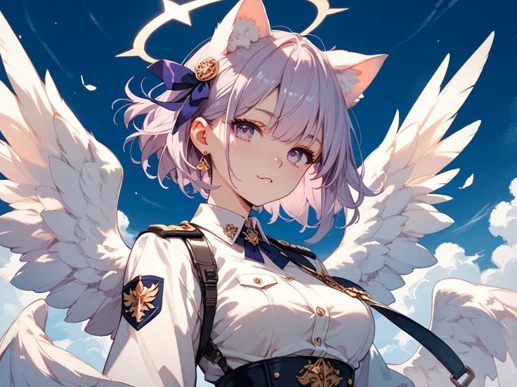 A girl in a military uniform with angel wings and cat ears and pale purple eyes