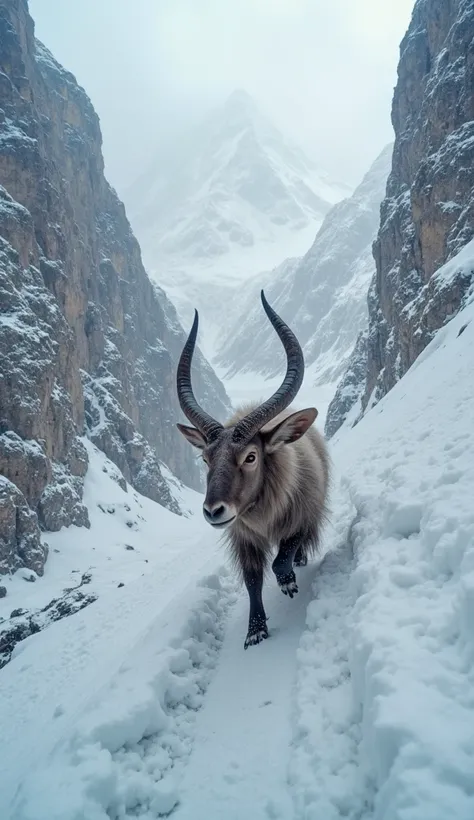 Cinematic wide shot of a monkey and a majestic Pakistani Markhor with two twisted horns climbing the snowy slopes of K2 together...