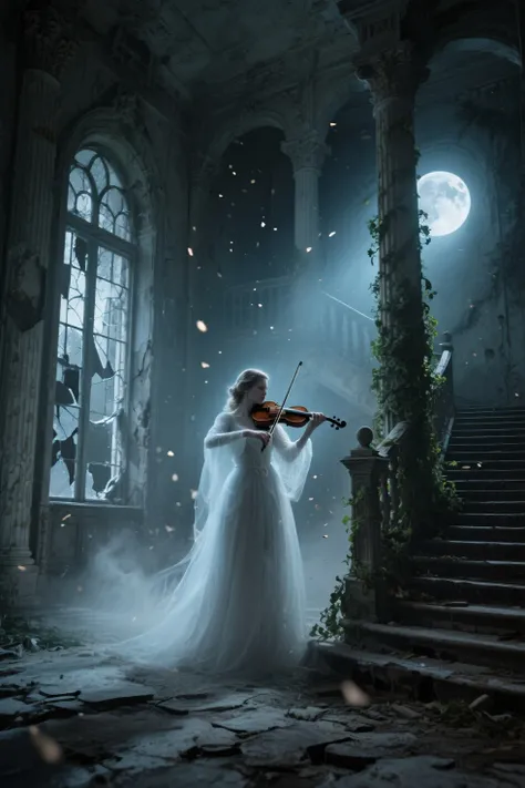Abandoned Castle Hall Where Moonlight Shines In、Translucent Noble Ghost、Woman Playing the Violin Gracefully、Antique Dress Shakes...