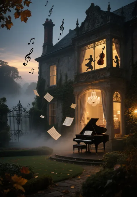 masterpiece, ultra highres, best quality, mysterious Victorian mansion at twilight, grand piano visible through large window, sh...