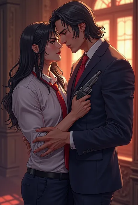 Generate Anime characters of two handsome men, A Mafia boss with pistol long hair, while the other man held his tie. BL Romance 