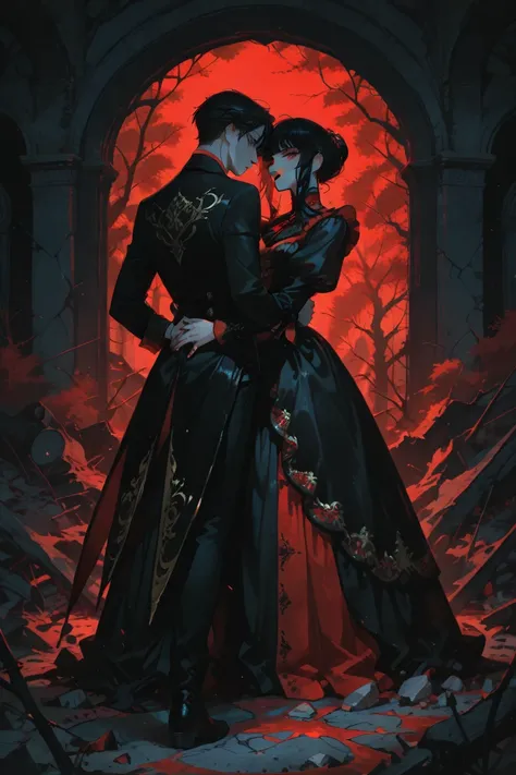 better quality, RAW photo, man, Beautiful young woman, Victorian hairstyle made with black curls, blood-red period dress with in...