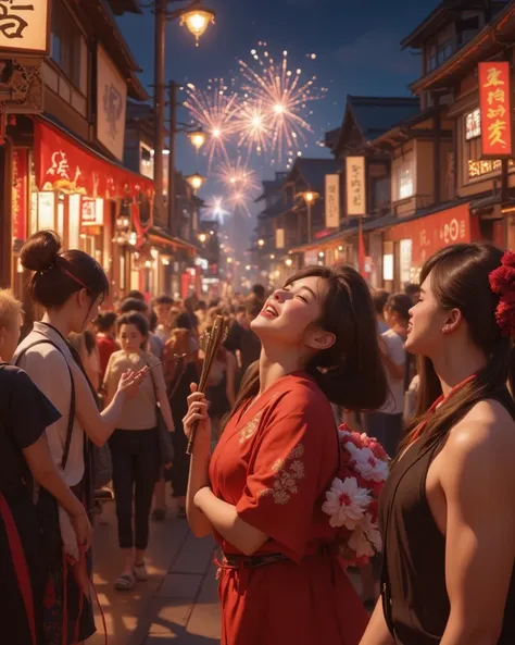 [Crowded street festival scene with people in traditional Japanese attire, some holding flowers or garlands, with a focus on a y...