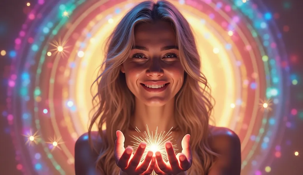 Beautiful 28-year-old woman with thankful teary gaze and peaceful smile, hands creating energy waves, surrounded by visible soun...
