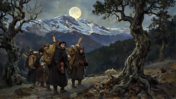 4. A group of exiled Gnostic believers traveling through the wilderness under moonlight, scrolls tied to their backs, dramatic m...