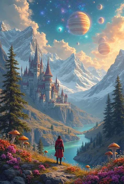 "A vibrant fantasy world with a lone hero standing on a cliff, overlooking a magical castle and a futuristic city. The landscape...