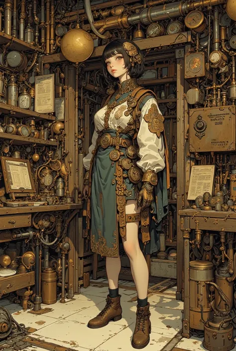 "A detailed, atmospheric illustration showcasing a cute young woman with a charming, curious expression, dressed in intricate st...