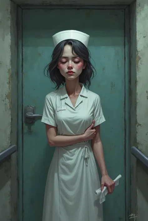 The same nurse now looking pale and weak, standing outside the hospital ward holding her stomach in pain, doors closed in front ...