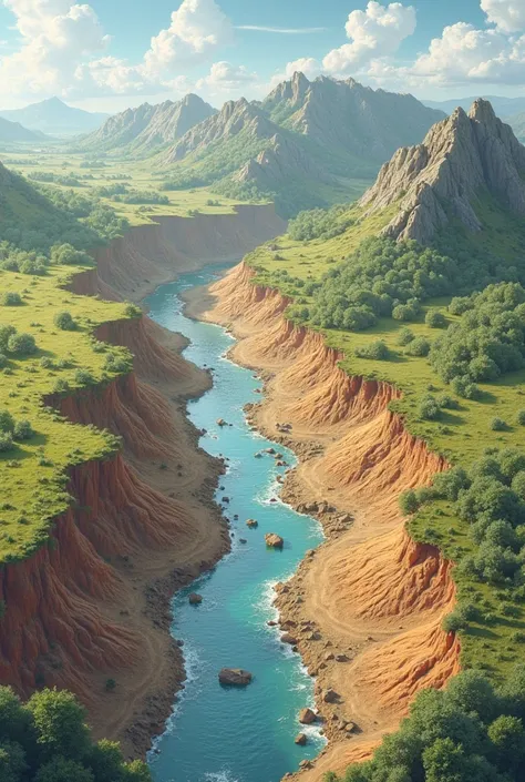 “Create a detailed topographic illustration of a diverse landscape that includes a basin landform, a valley, a gully, and an ero...