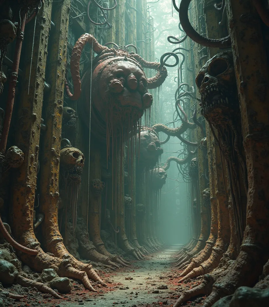 A tall vertical biomechanical sci-fi corridor, inspired by Scorn, featuring grotesque organic machinery fused with flesh and bon...
