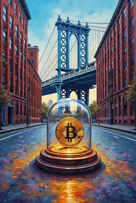 Un tableau a l'acrylique d'une cloche sous verre d'une pièce de bitcoin exposé comme un trésor au milieu d'une rue vide de Brook...