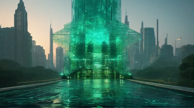 digital citadel: A monumental crystal building with smart glass edges, reflecting and emitting emerald light (#2BE0B5). The main...