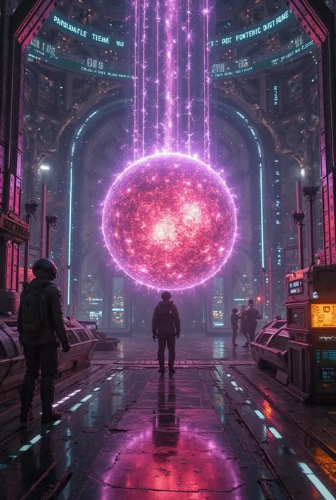 > “Futuristic cyberpunk lab floating in deep space — a containment sphere levitating antimatter, glowing with violent electric-p...