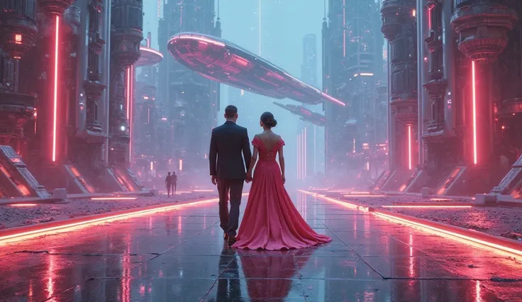 "The royal couple walks through a sleek, glowing futuristic city on another planet. Hovering ships fly above them. Their fashion...