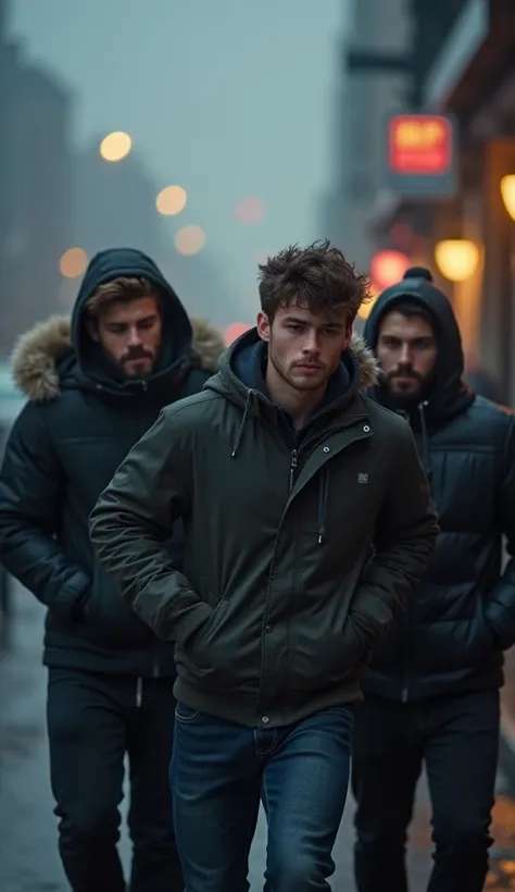 A group of close male friends dragging or pulling a struggling friend toward a gym entrance early in the morning. One of them ha...
