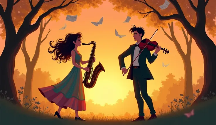"An enchanting scene in a park at dusk, creates a young and energetic girl playing the saxophone, while an elegant man plays the...