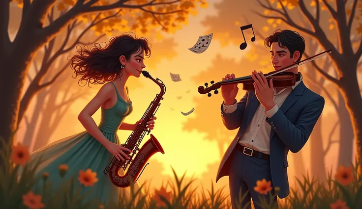 "An enchanting scene in a park at dusk, creates a young and energetic girl playing the saxophone, while an elegant man plays the...