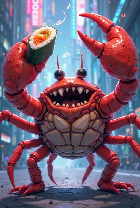 The anime of a crab villain holding a sushi