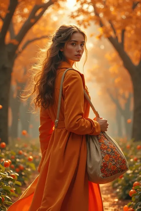 A beautiful girl carrying a bag of partfal in an orange garden wearing an orange coat