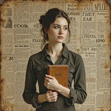A vintage photo of a woman holding a notebook, overlaid with old newspaper headlines.