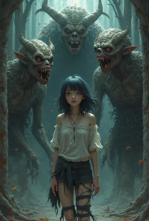femme anime esclave habillé avec des vêtements en lambeau et avec un monstre vampirique, mort vivant et goblin à la fois voulant...
