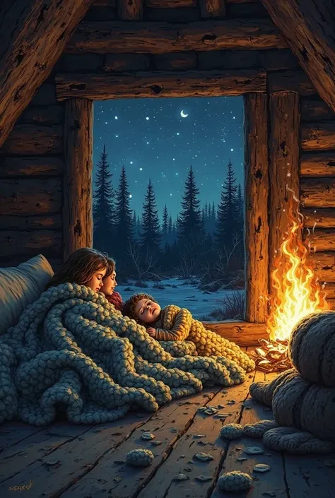 "A Viking longhouse at night with a warm fire glowing inside, cozy atmosphere, in the style of Vincent van Gogh, painterly, text...