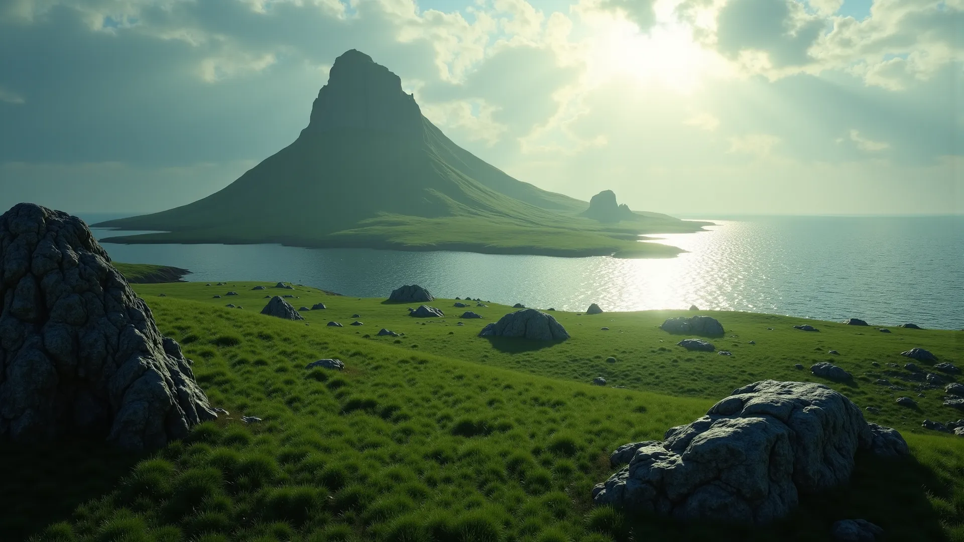 Photorealistic style, ultra-detailed 8k. The island of Eilean M r, known as "The Other Country." The landscape shimmers with a m...