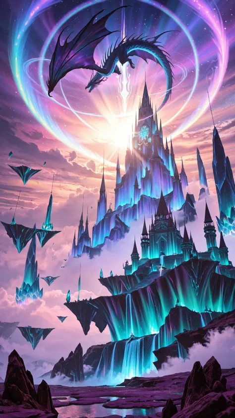 masterpiece, best quality, ultra highres, high fantasy scene, ethereal realm, crystalline floating islands, massive ancient drag...