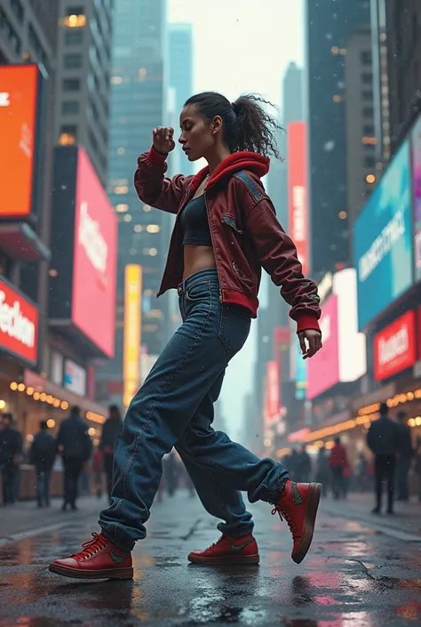 A girl dancing hiphop with the New York landscape in the background