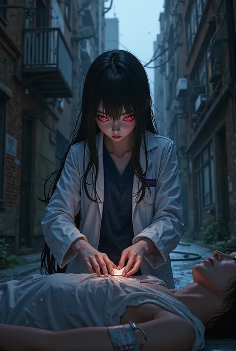 Black haired, red eyes anime doctor girl putting bandage on a wounded person in the dark alley