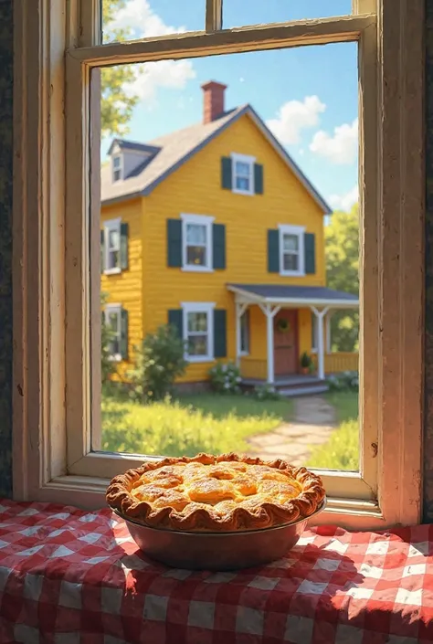 obra de arte, realista, realismo, melhor qualidade, An apple pie in the open window of a two-story yellow house by day ultra-det...