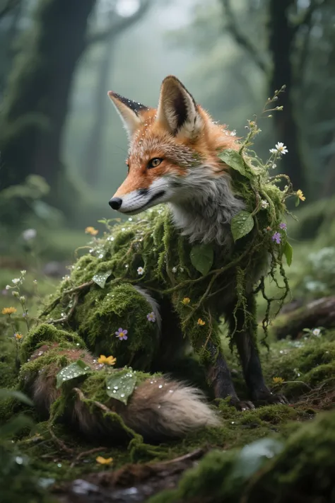 A hyper-realistic scene of a millennium-old fox spirit perfectly camouflaged within a lush natural landscape. The fox’s body is ...