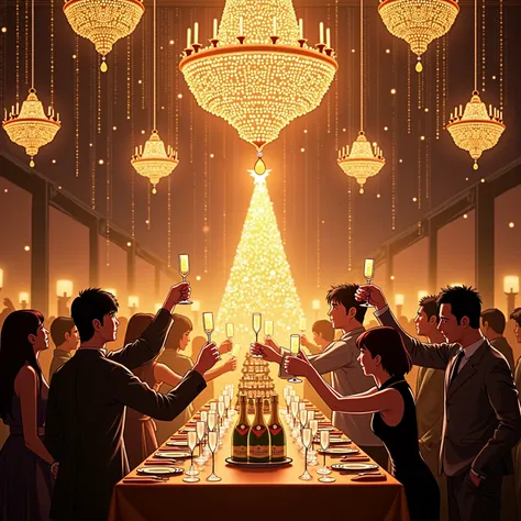 A luxurious Japanese manga-style drinking party，celebration under crystal chandeliers，guests gathered to raise glasses to celebr...