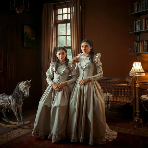 masterpiece, night interior, two identical sisters, 24 years old, elegant Victorian dresses with high collars, standing in vinta...