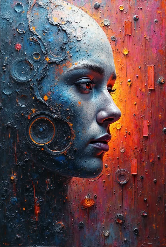 A powerful and immersive futuristic painting that feels like a real canvas artwork. Evoke the essence of artificial intelligence...