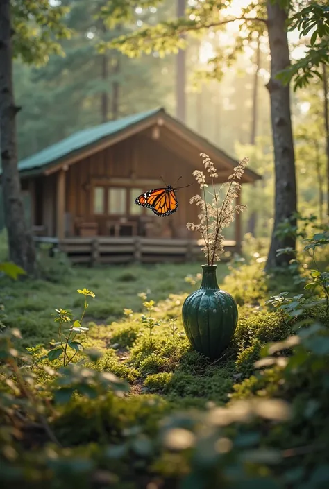 A colorful and delicate butterfly is flying among the lush trees of the forest in a quiet and picturesque forest. The sunlight p...