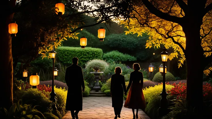 Two silhouettes framed by hanging lanterns in a garden, their moment paused mid-motion in the rich, warm tones of early evening