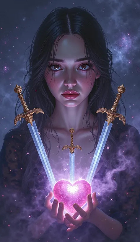 "A hauntingly beautiful Tarot card illustration of the Three of Swords, centered on a piercing gaze. A young woman with sorrowfu...