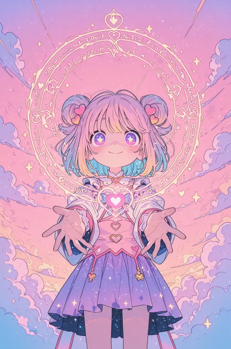 a cute magical girl casting a heart-shaped spell towards the viewer, soft pastel colors, glowing sparkles, floating in a dreamy ...