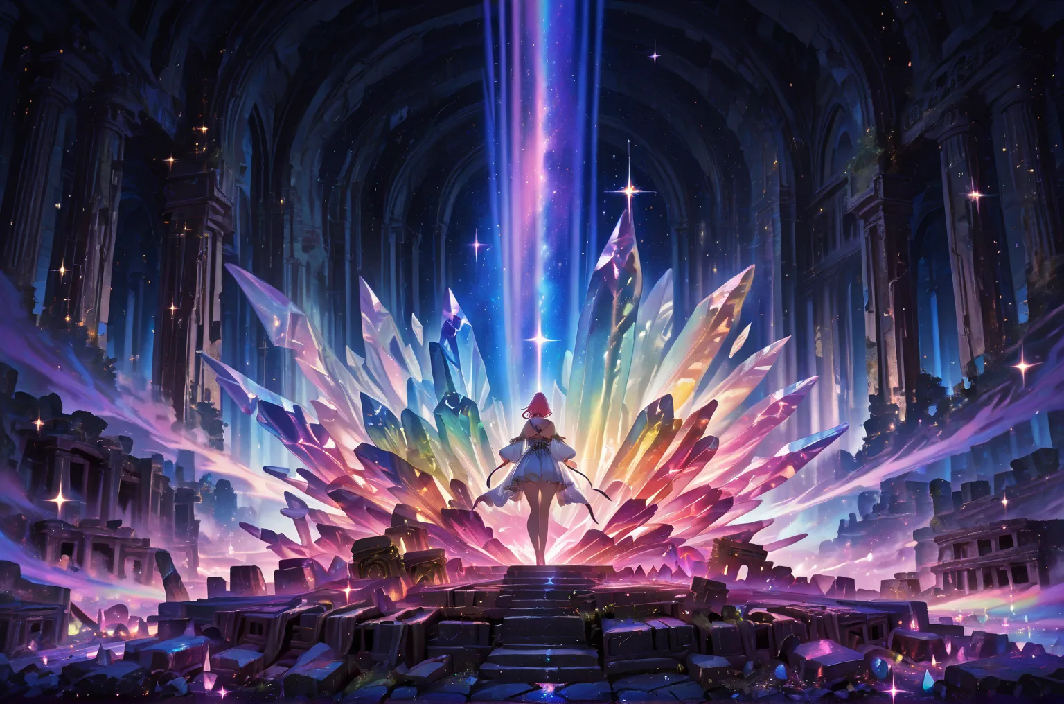 Spectacular Fantasy Scenery、Ancient Ruins、Rainbow-colored light source、atmospheric perspective、Crystal Sparkle、Mysterious Atmosp...