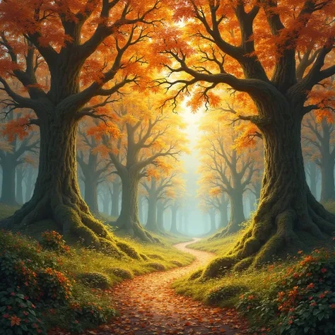 A forest of trees with golden leaves